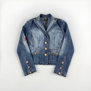 XOXO Cropped Jean Jacket Embroidered Women's Small Roses Rhinestones Floral